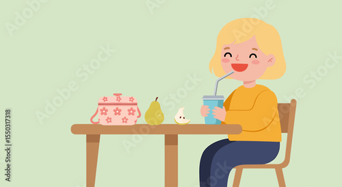 A young girl enjoys a healthy lunch at a table, with a lunchbox and fruit.