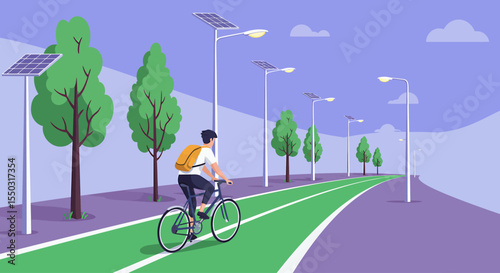 A person cycles along a dedicated bike lane, flanked by trees and solar-powered streetlights, on a pleasant day.