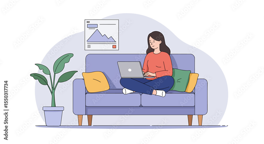 Fototapeta premium Woman Working from Home on Laptop, Comfortable Remote Work Setup, Cozy Home Office Scene