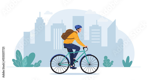 Urban Cycling Man on Bicycle Commutes Through City Skyline, Eco-Friendly Transportation, Healthy Lifestyle, Active Commute, Sustainable City Living