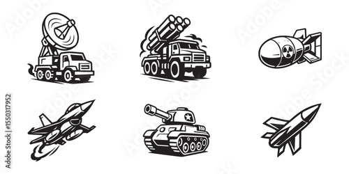 Cartoon style military vehicle and aircraft vector set with missile tank jet bomb and radar