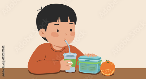 Adorable Boy Enjoying Healthy Lunchbox  Nutritious Meal, Happy Child,  Back to School,  Elementary School Lunch,  Cute Illustration