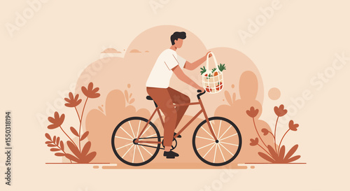 Sustainable Lifestyle Man Cycling with Reusable Grocery Bag, Eco-Friendly Transportation and Healthy Habits
