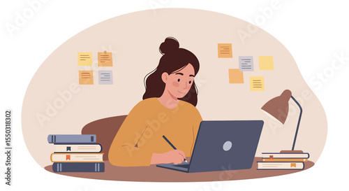Focused Young Woman Studying or Working at Home Desk with Laptop, Books, and Notes