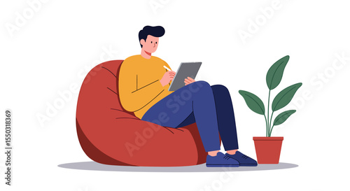 Man working remotely from home using digital tablet, comfortable bean bag chair, modern home office setup, productive work from home