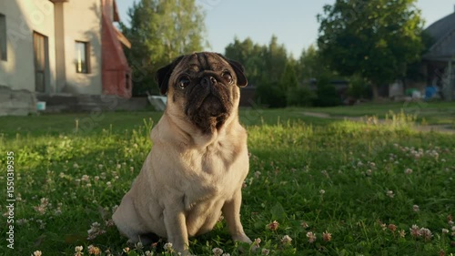 Cute Dog Sitting on a Green Backyard Lawn and Looks at Camera. Pug with interest turns its head in different directions funny close up. Colorful Outdoor Portrait in warm sunset lights