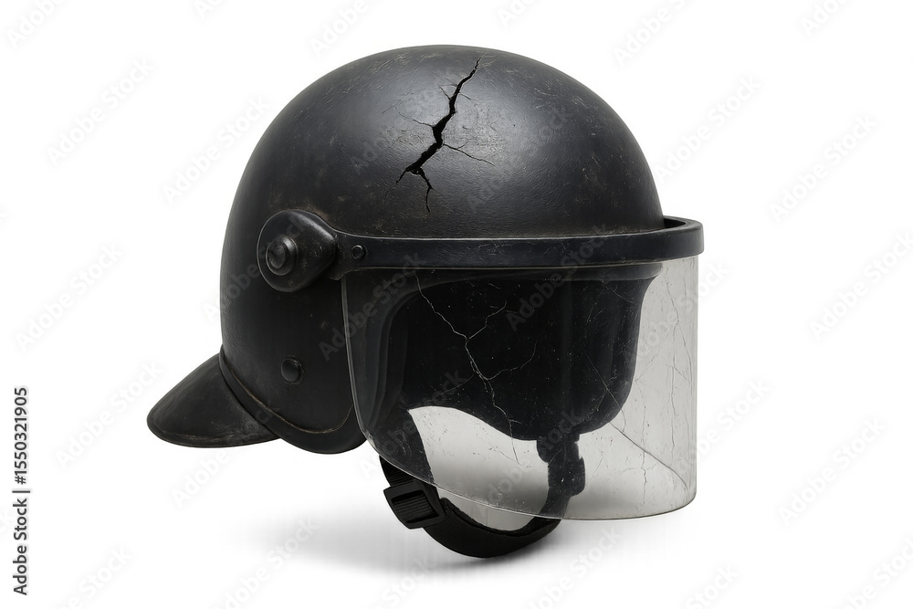 Fototapeta premium Damaged police helmet isolated on transparent background