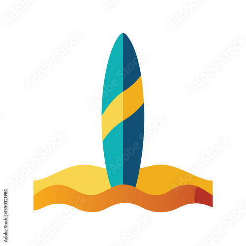 Surfboard standing in sand near waves Vector illustration