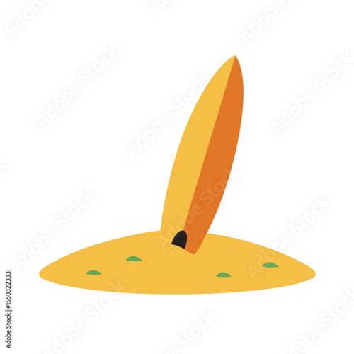 Surfboard stuck upright in beach sand Vector illustration