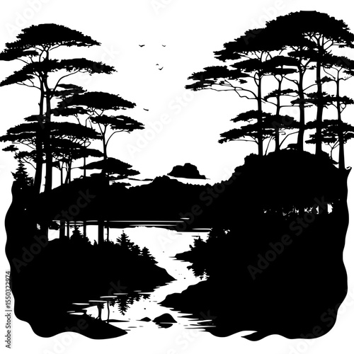 Twilight forest view with a distant waterfall in silhouette form