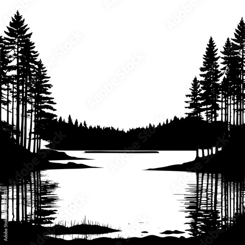 sunrise over a calm lake with forest edge in black silhouette