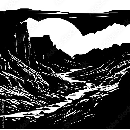 Layered rocky canyon landscape in red-toned silhouette vector