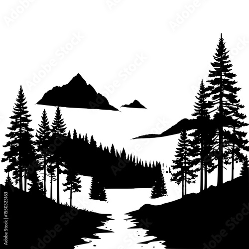 Fog-covered mountain trail surrounded by pine trees silhouette