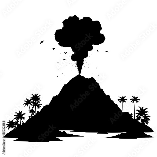 Volcanic eruption with smoke and jungle foreground in silhouette style