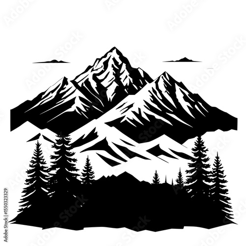 Snow-covered mountain peaks and conifer trees in black silhouette