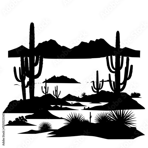 Minimalistic desert landscape with cactus and distant hills silhouette