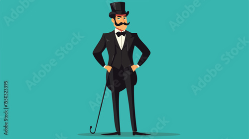 Elegant Cartoon Man in Top Hat with Cane Vector