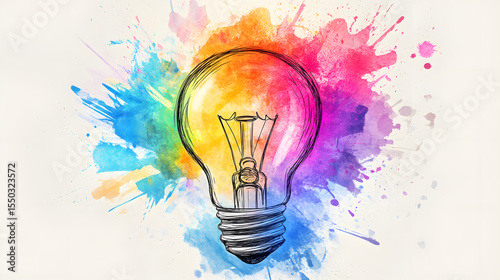 A vibrant watercolor illustration depicting a creative lightbulb idea concept with colorful artistic splashes on a white background