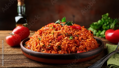 Wallpaper Mural jollof rice on a rustic wooden table nigerian cuisine staple colorful rice dish with tomatoes and peppers Torontodigital.ca