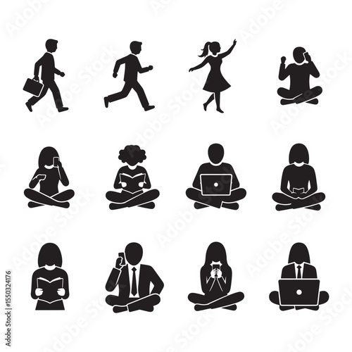 Collection of diverse people silhouettes engaged in various activities isolated on white background