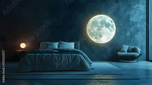 Serene bedroom interior illuminated by a glowing moon wall light and stylish furniture creating a relaxing ambiance