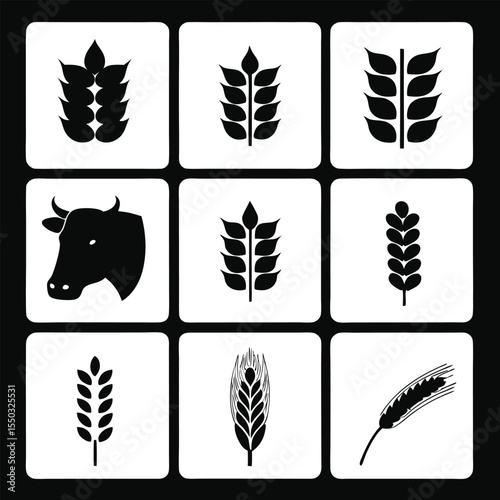 Agriculture Icons Wheat, Barley, and Cow Silhouettes - Farming and Agriculture Symbol Set
