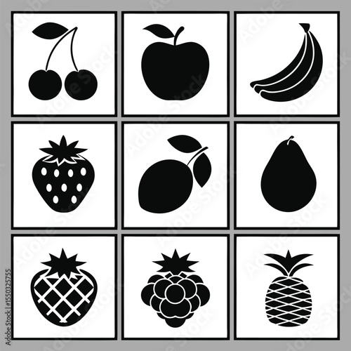 Collection of Simple Black and White Fruit Icons
