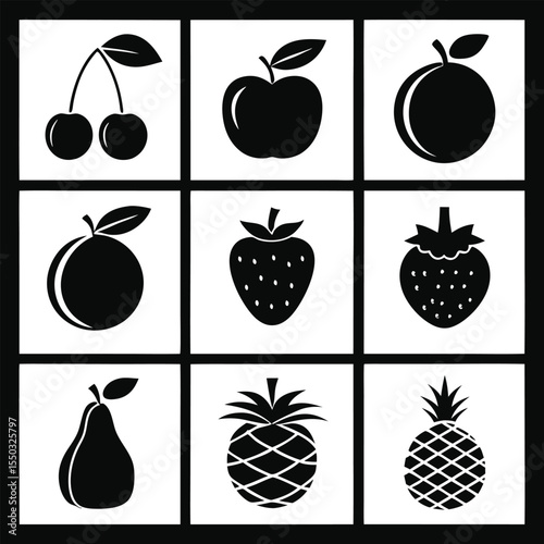 Collection of Fresh Fruit Icons Apples, Cherries, Strawberries, Pineapple, and More