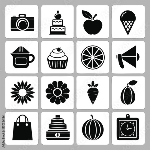 Collection of Simple Black and White Icons Camera, Food, and More