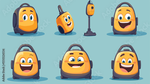 Cheerful Cartoon Emoticon Character Cleaning with a Vacuum Cleaner