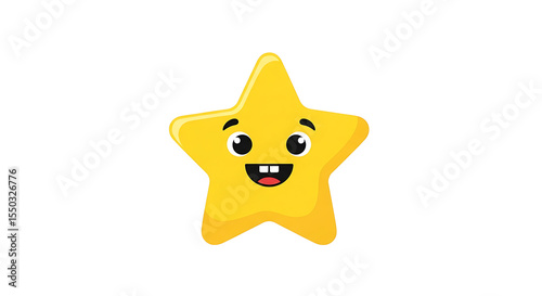A cartoon yellow star with a happy face and two teeth on a black background in a digital illustration on transparent background