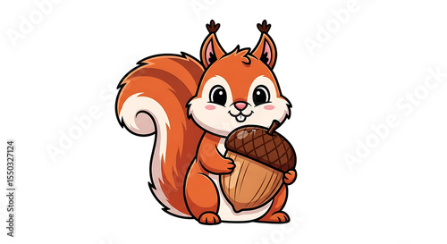 A cartoon squirrel holding a large acorn with a bushy tail on a black background illustration art on transparent background