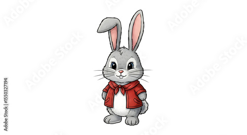 A cartoon rabbit with gray fur and a red jacket standing on a black background with big eyes and ears on transparent background
