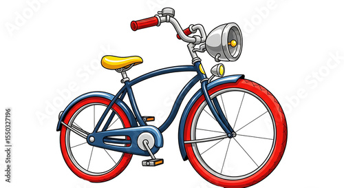 A cartoon bicycle with red tires yellow seat and lights isolated on a black background illustration on transparent background