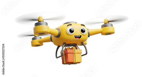A yellow cartoon drone with a smiling face delivering gifts against a stark black background in d rendering on transparent background