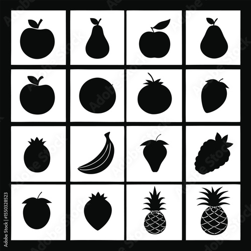 Collection of Black and White Fruit Silhouettes Apples, Pears, Bananas, Strawberries, and More