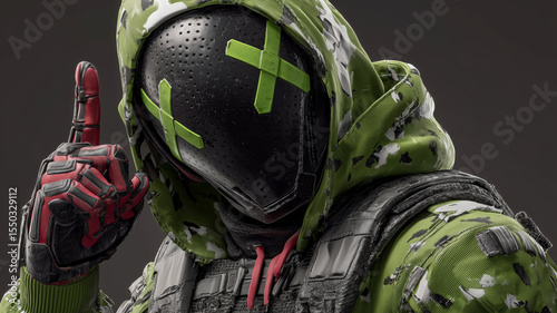 Intriguing male game character in high-tech outfit strikes a pose
