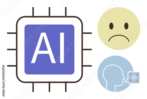 Microchip with AI label, sad face icon, and profile view with voice analysis wave. Ideal for artificial intelligence, emotion detection, voice technology, machine learning, innovation, tech ethics