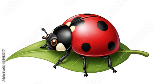 A cartoon ladybug with black spots sitting on a green leaf against a black background illustration on transparent background