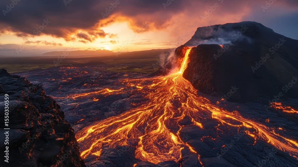 Fototapeta premium Volcano Eruption Sunset: Dramatic Landscape with Fiery Lava Flow