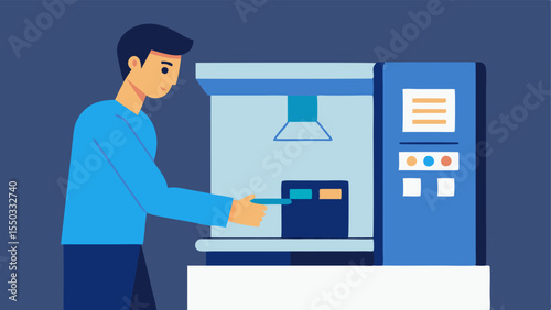 3D Printer Setup An illustration of a sleek 3D printer with a user adjusting settings on its control panel preparing for the printing process.