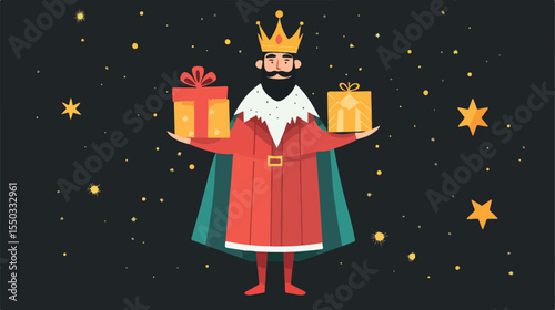 Majestic King with Gifts Flat Vector Illustration