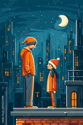 Nighttime Encounter on a City Rooftop: Father and Daughter Bonding