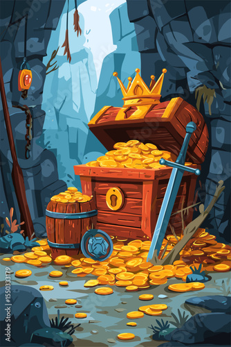 Treasure Chest with Gold Coins in a Mysterious Cave Setting