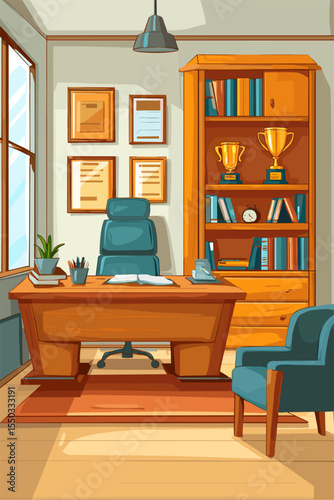 Stylish and Modern Office Interior with Awards and Bookshelf