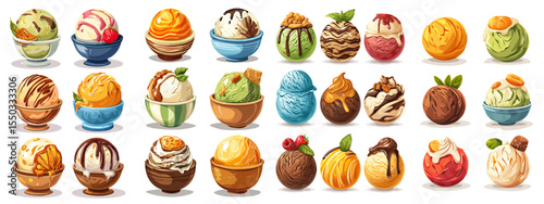 Delicious Collection of Hand-Drawn Ice Cream Scoops in Various Flavors and Styles
