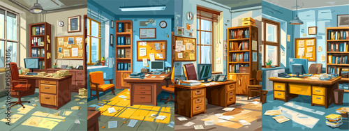 Four Illustrations of Cozy, Cluttered Office Spaces with Wooden Furniture and Bright Light