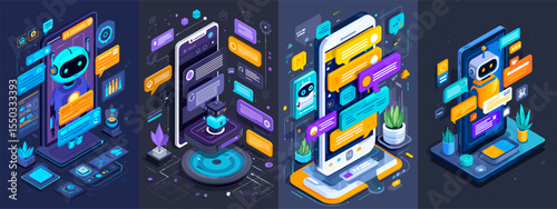 Colorful Vector Illustration of Chatbot Interfaces with AI Technology