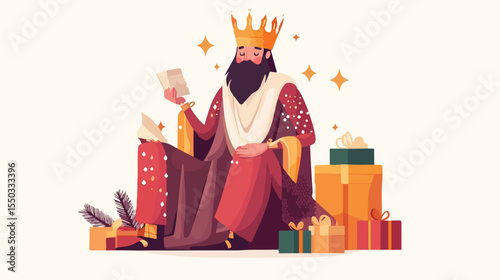 Wise King Melchior with Gift - Flat Vector Illustration