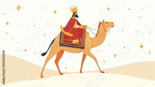 Wise King Riding Camel Flat Vector Illustration